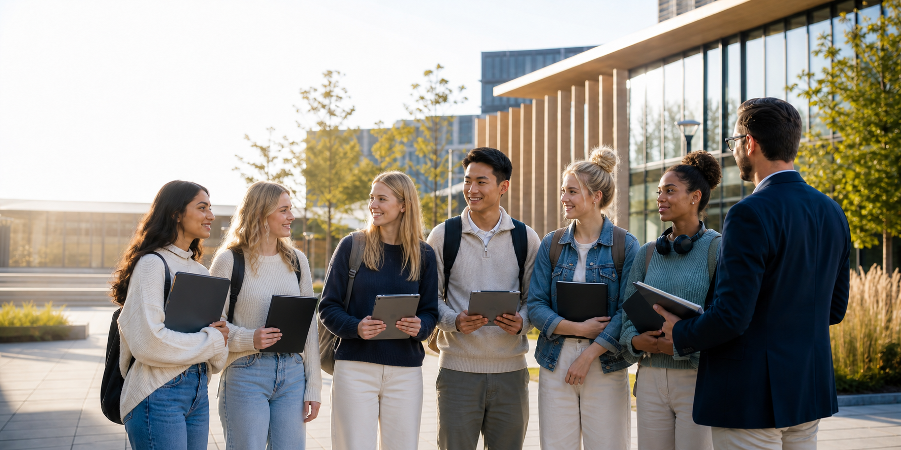 Students speaking with advisor on a European campus